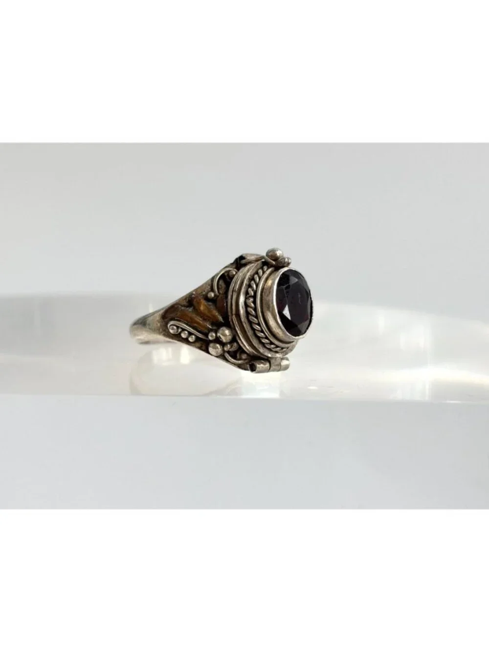 Poison Box Art Deco Style Hinged Garnet Sterling Silver 925 Vintage Ring sz 5.25